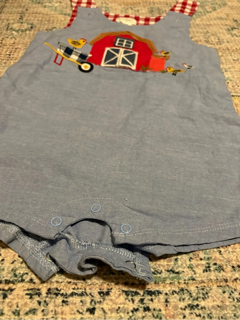 Mud Pie Blue Romper with Red Barn Appliqué and Red Gingham Straps